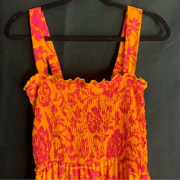 NWT Umgee Vibrant Orange and Pink Floral Smocked Tiered Dress, size L - Picture 4 of 10